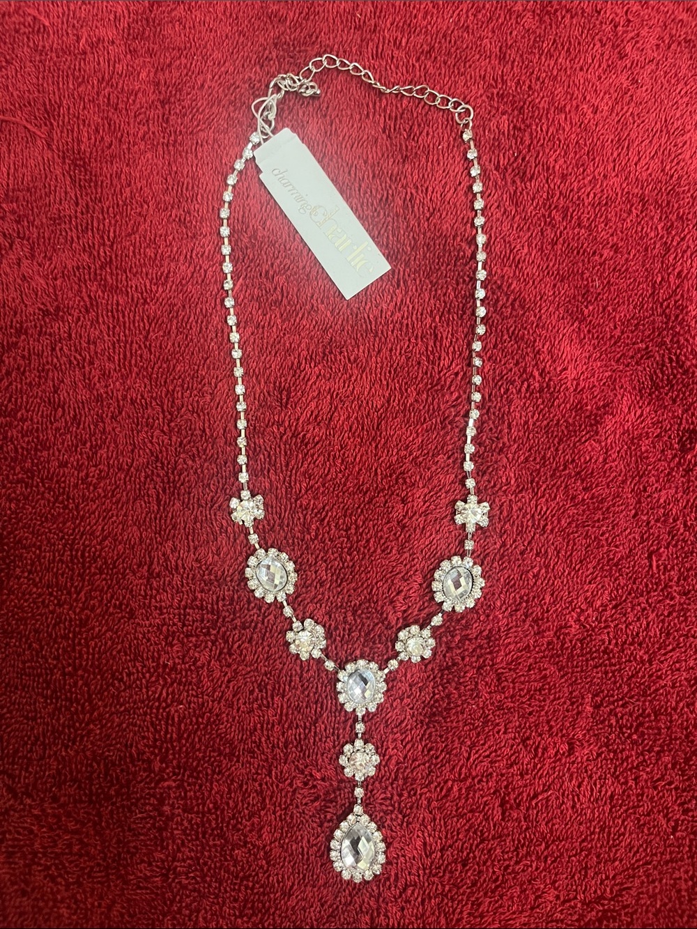 Striking Silver Tone Clear Crystal Drop Necklace, new with tags